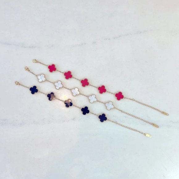 Lucky Four Leaf Clover Bracelet Red Enamel Gold Stainless Steel Adjustable - Picture 11 of 12